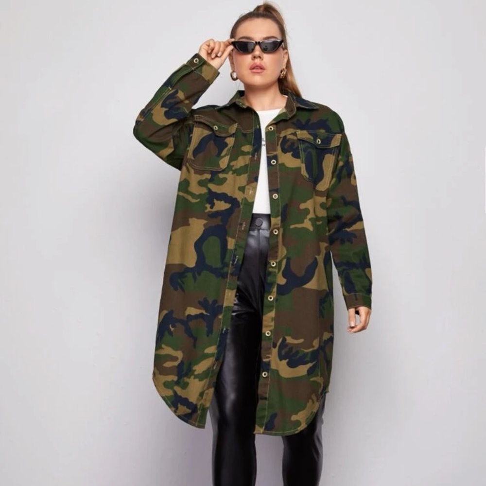 Plus flap pocket button front camo denim coat